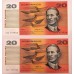 AUSTRALIA 1993 . TWENTY 20 DOLLAR BANKNOTES . FRASER/EVANS . CONSECUTIVE SEVEN . FIRST PREFIX AAA